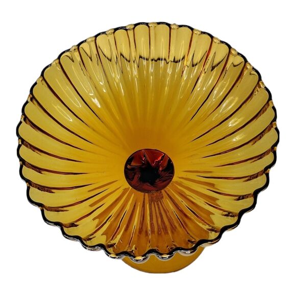 Vintage MCM Empoli Hand Blown Amber Glass Spiral Stem Ribbed Pedestal Candy Dish - Picture 6 of 7